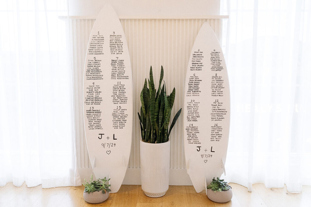 Close-up of wedding decor details, including personalized place cards and floral arrangements at the reception.