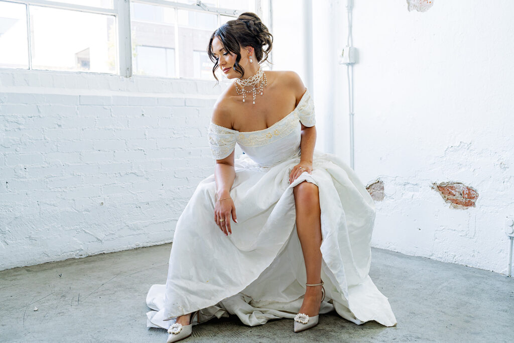 Bride in her mom's vintage wedding dress