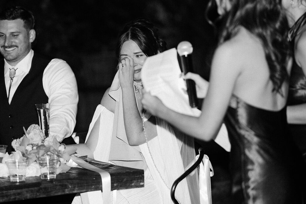 Bride and groom reacting to speeches